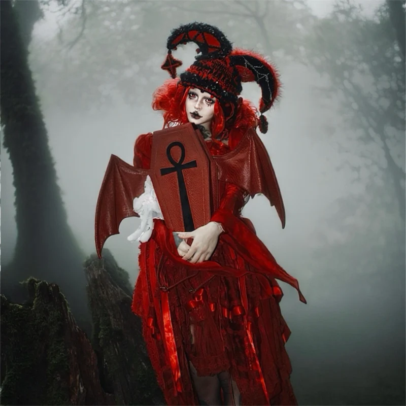 Gothic-Tasche für Damen, Fledermausflügel-Sargform, Kunstleder, Rot