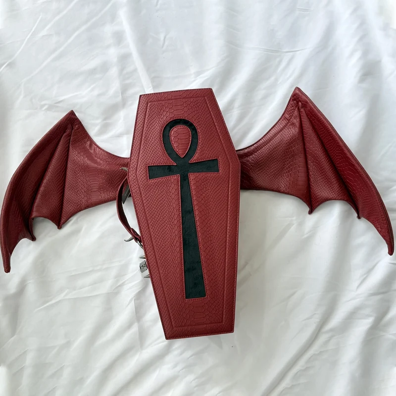 Gothic-Tasche für Damen, Fledermausflügel-Sargform, Kunstleder, Rot