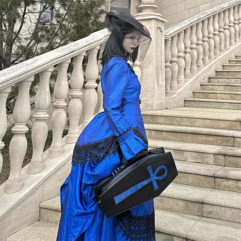 Gothic-Tasche für Damen mit Fledermausflügel-Kreuzmotiv, Sargform, Schwarz-Blau