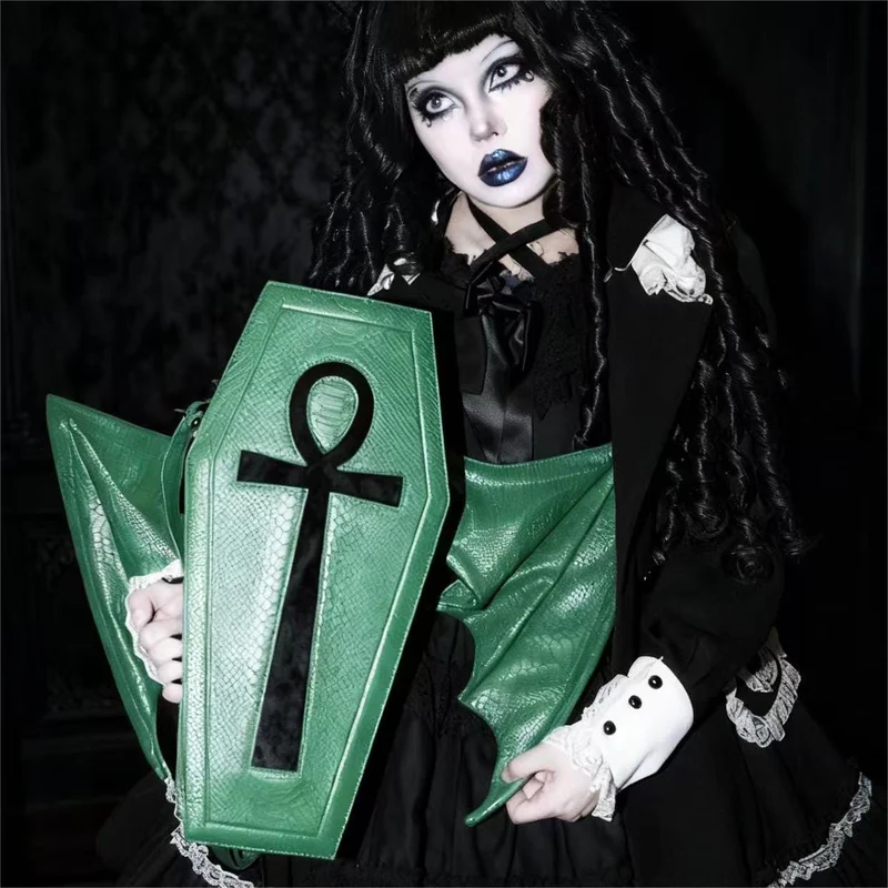 Gothic-Tasche für Damen, Fledermausflügel-Sargform, Grün