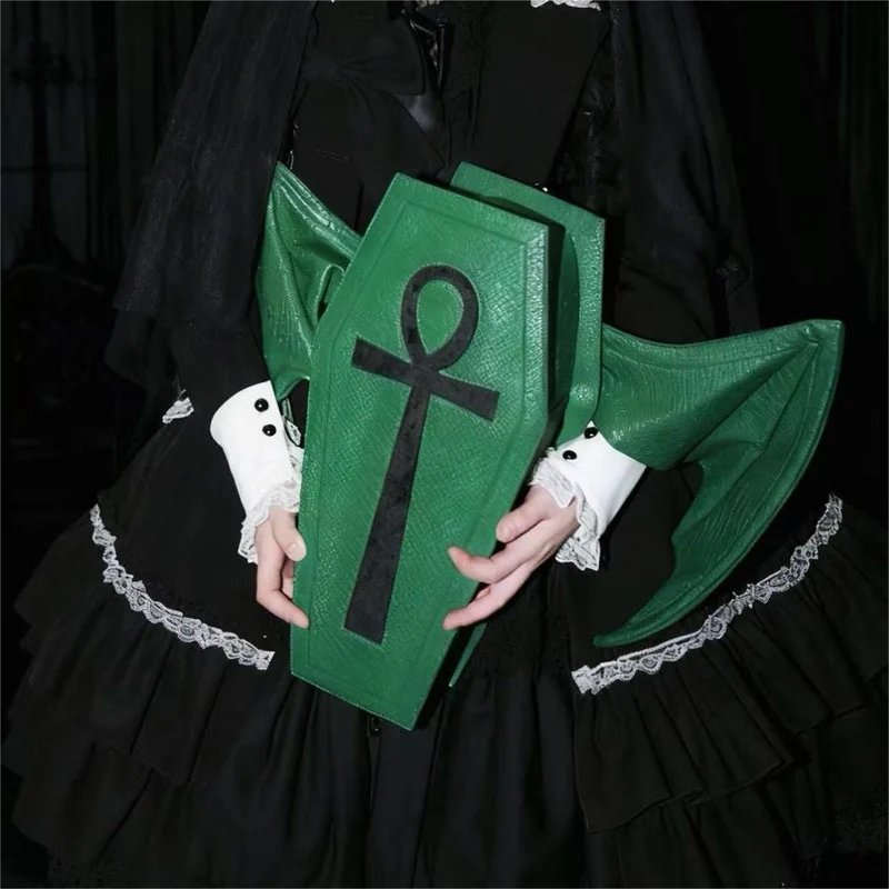 Gothic-Tasche für Damen, Fledermausflügel-Sargform, Grün