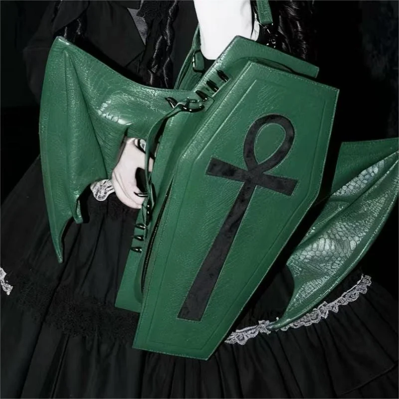 Gothic-Tasche für Damen, Fledermausflügel-Sargform, Grün