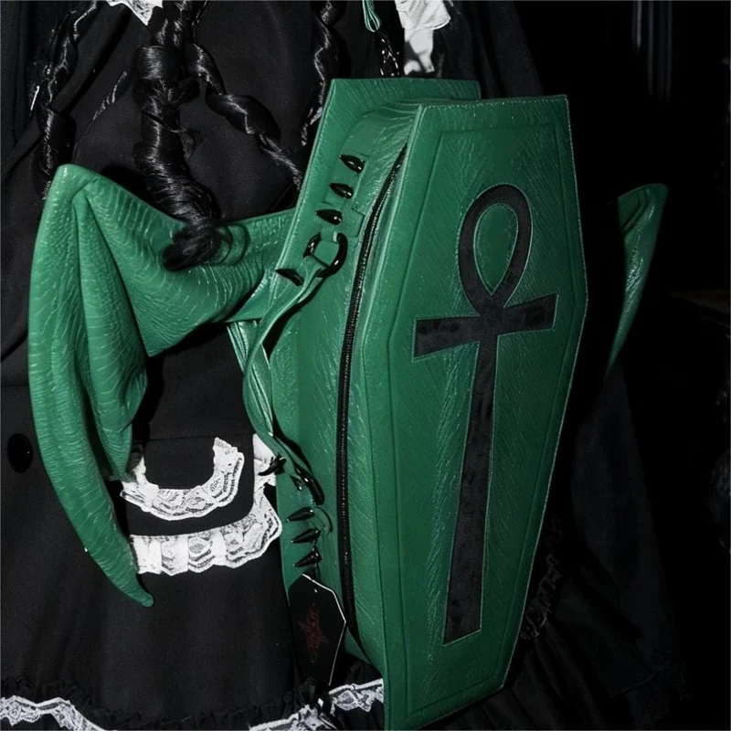 Gothic-Tasche für Damen, Fledermausflügel-Sargform, Grün