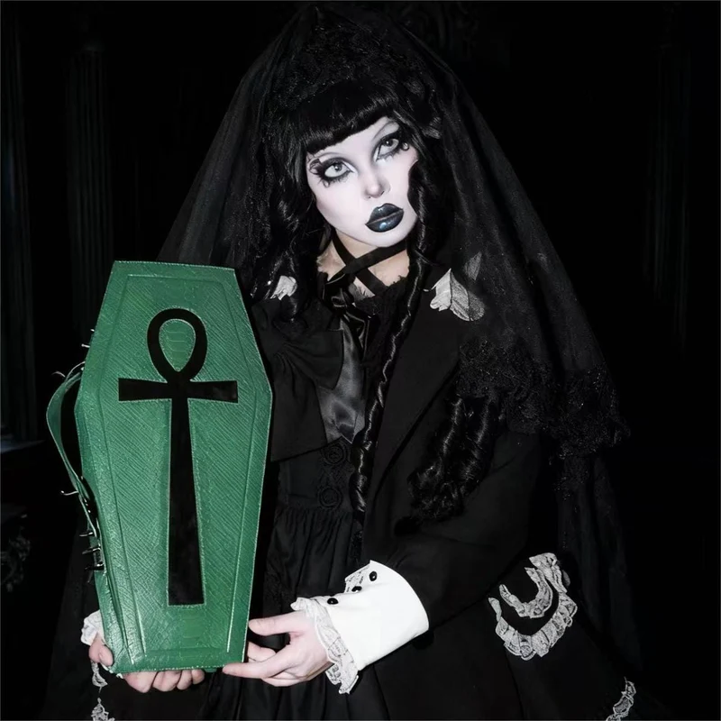 Gothic-Tasche für Damen, Fledermausflügel-Sargform, Grün