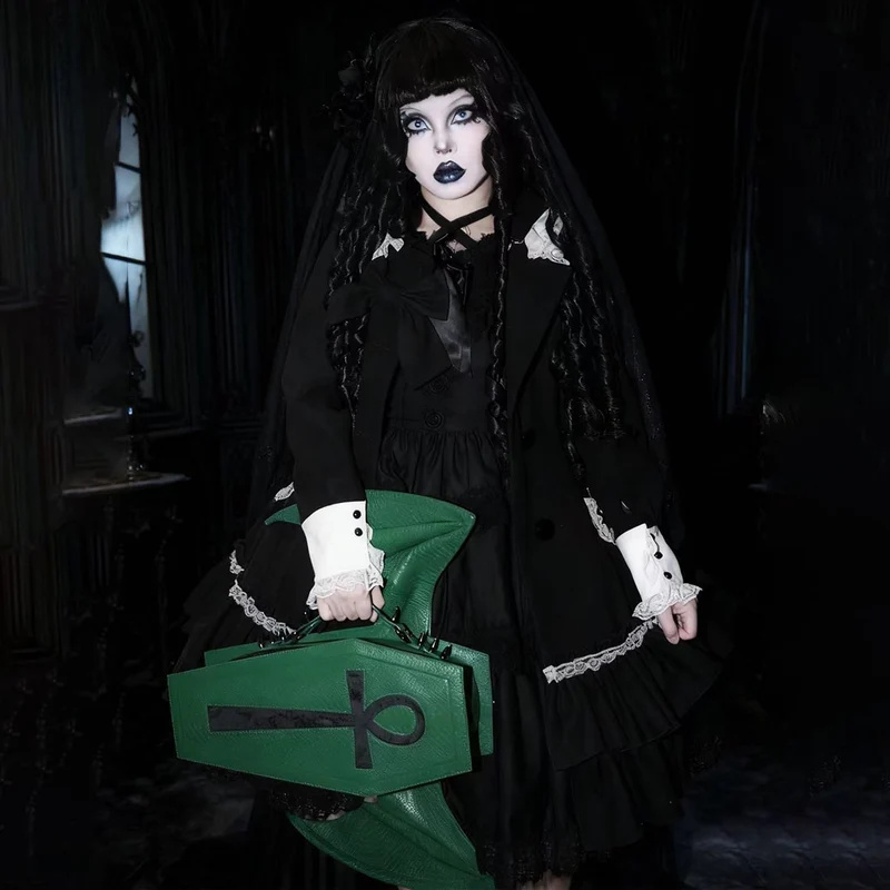 Gothic-Tasche für Damen, Fledermausflügel-Sargform, Grün