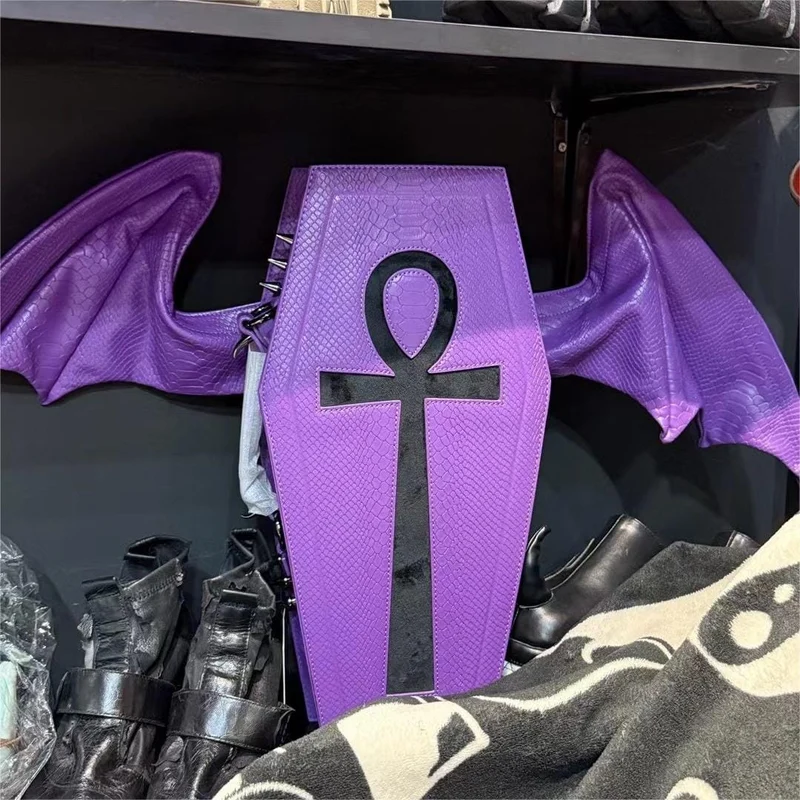 Gothic-Tasche für Damen, Fledermausflügel-Sargform, Lila