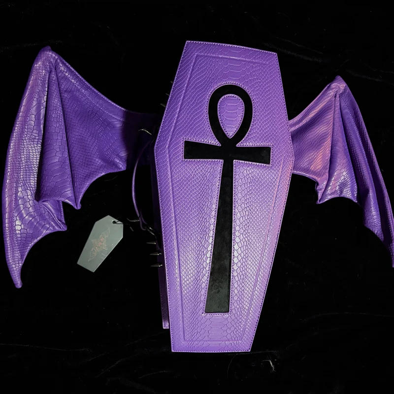 Gothic-Tasche für Damen, Fledermausflügel-Sargform, Lila