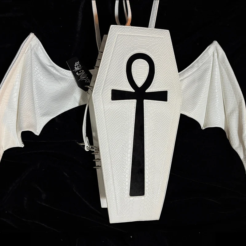 Gothic-Tasche für Damen mit Fledermausflügel-Kreuzmotiv, Sargform, Weiß-Schwarz