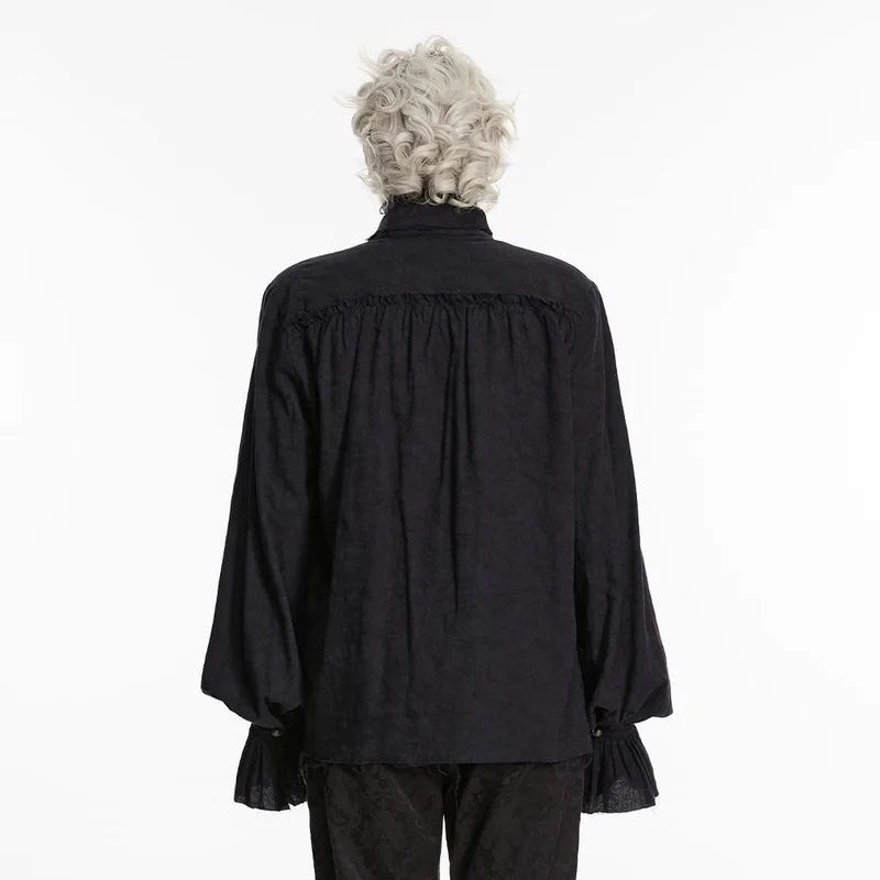 Schwarzes Herrenhemd aus gotischem Jacquard-Stoff mit Bischofsärmeln und abnehmbarer Krawatte