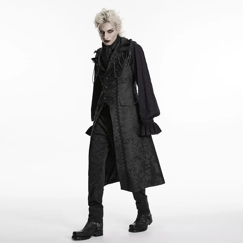 Schwarze lange Herrenweste aus Gothic-Jacquard mit Kettenrevers