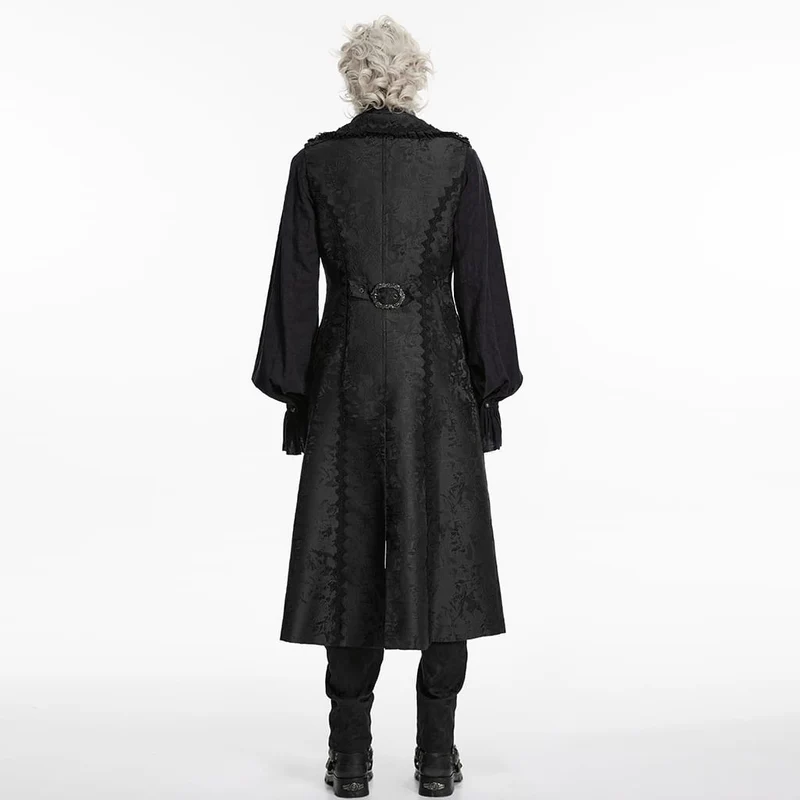 Schwarze lange Herrenweste aus Gothic-Jacquard mit Kettenrevers