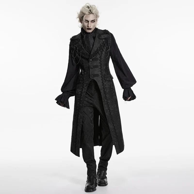 Schwarze lange Herrenweste aus Gothic-Jacquard mit Kettenrevers