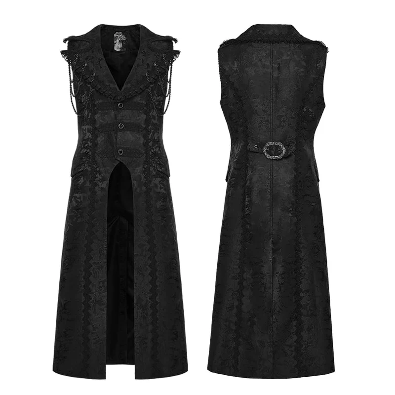 Schwarze lange Herrenweste aus Gothic-Jacquard mit Kettenrevers