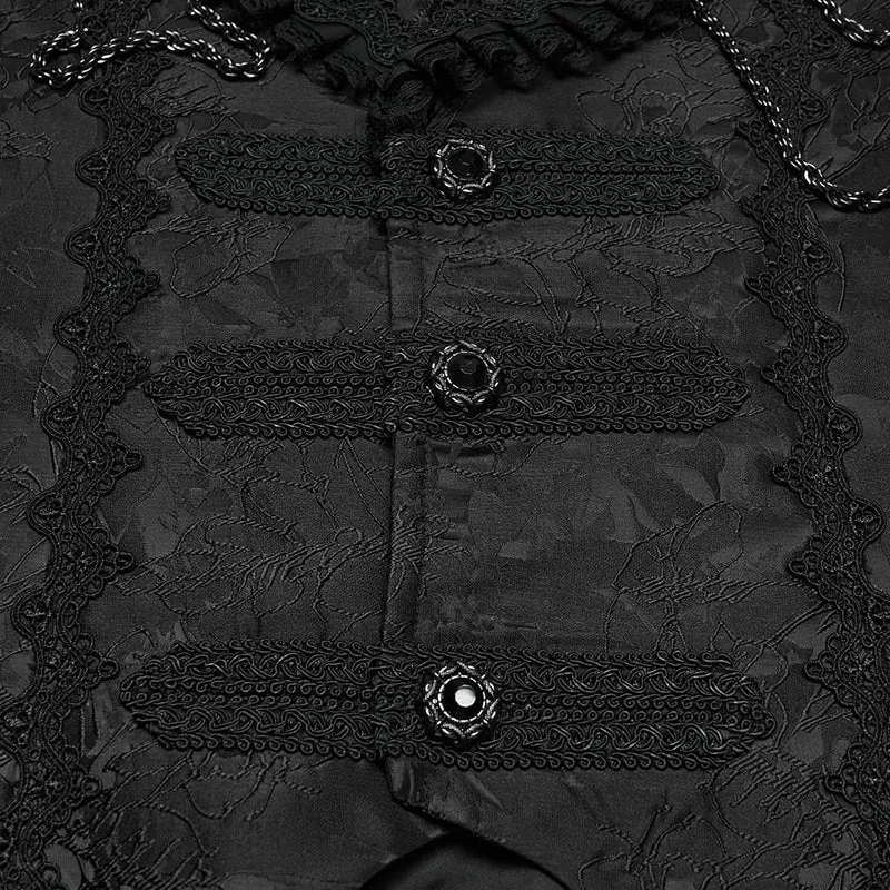 Schwarze lange Herrenweste aus Gothic-Jacquard mit Kettenrevers