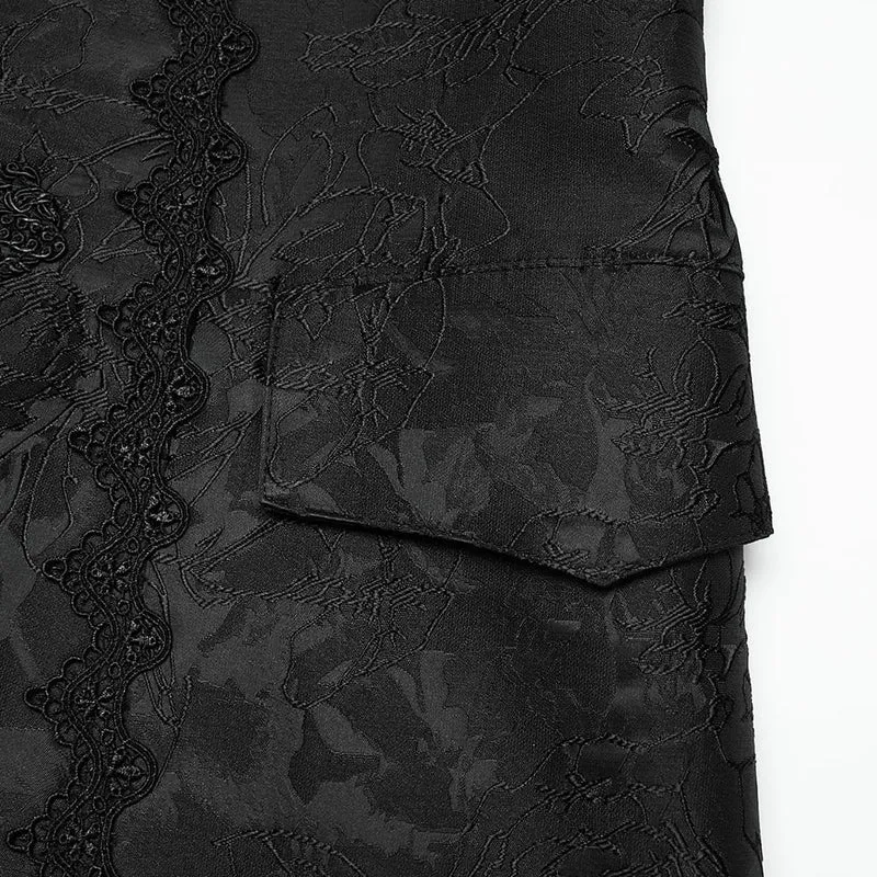 Schwarze lange Herrenweste aus Gothic-Jacquard mit Kettenrevers