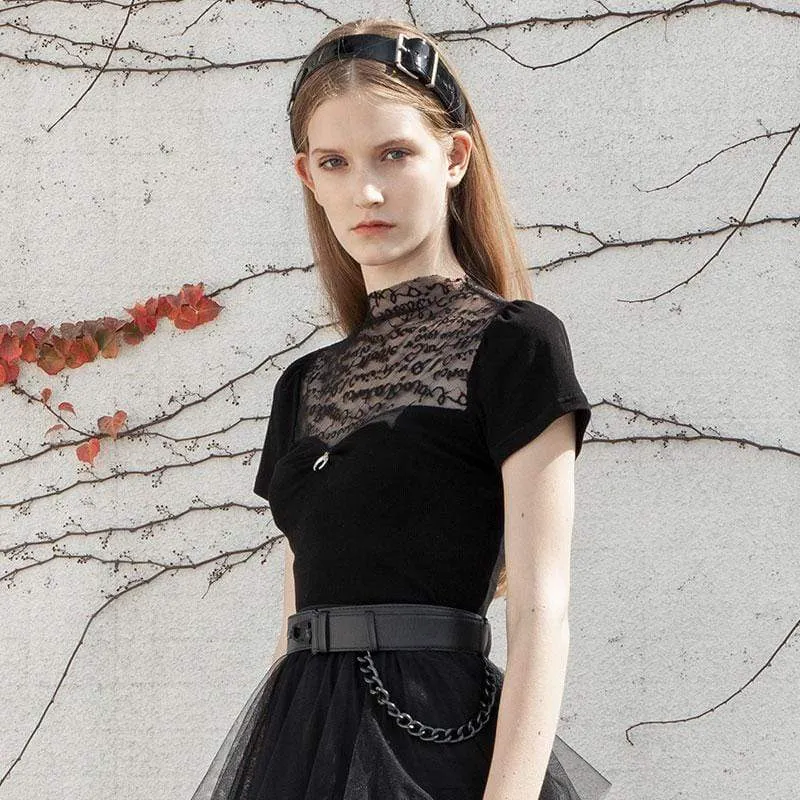 Damen Goth kurzärmelige schwarze Spitzenoberteile
