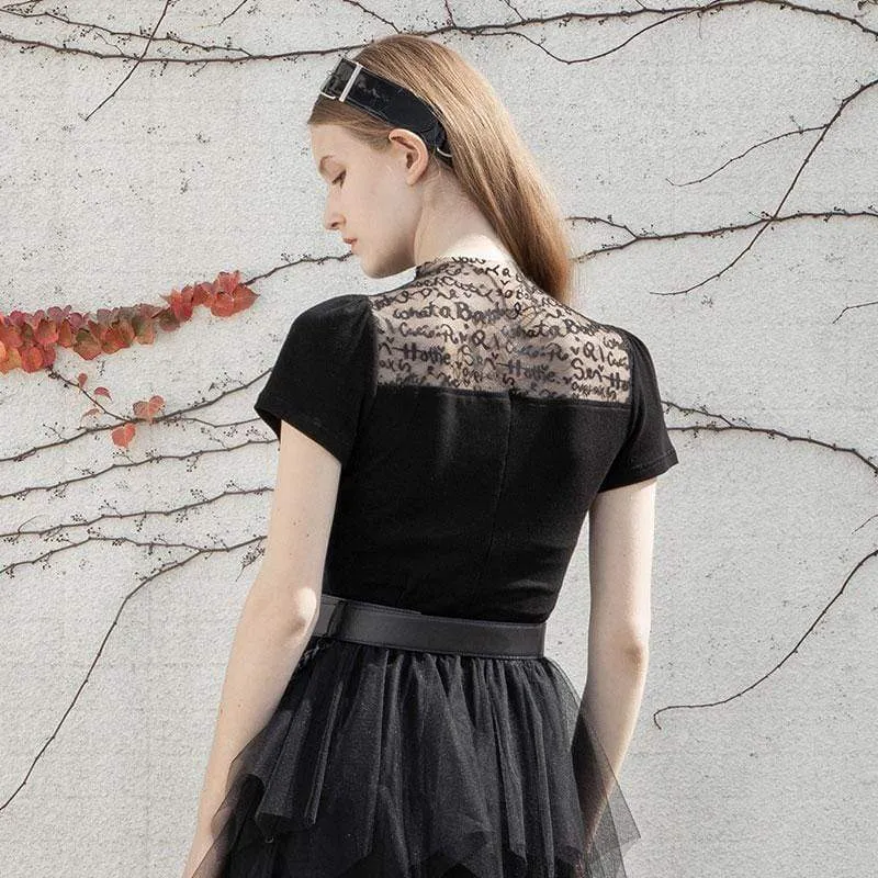 Damen Goth kurzärmelige schwarze Spitzenoberteile