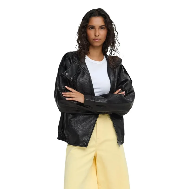 Jacqueline De Yong Schwarze Damen-Bomberjacke aus Polyurethan