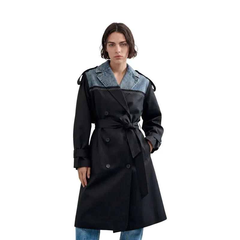 Desigual Damen Trenchblazer aus schwarzem Baumwoll-Lyocell-Hybrid