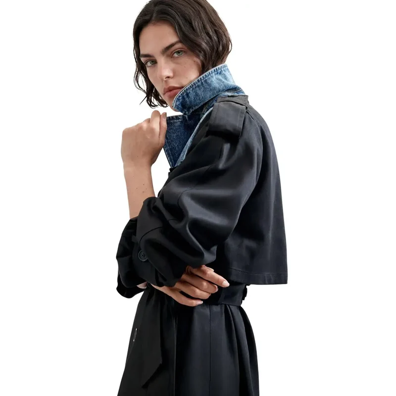 Desigual Damen Trenchblazer aus schwarzem Baumwoll-Lyocell-Hybrid