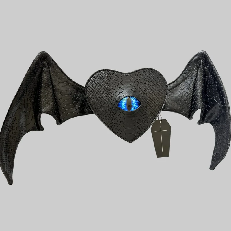 Gothic-Tasche für Damen, blau, Teufelsaugen-Fledermausflügel-Herz-Design, schwarz