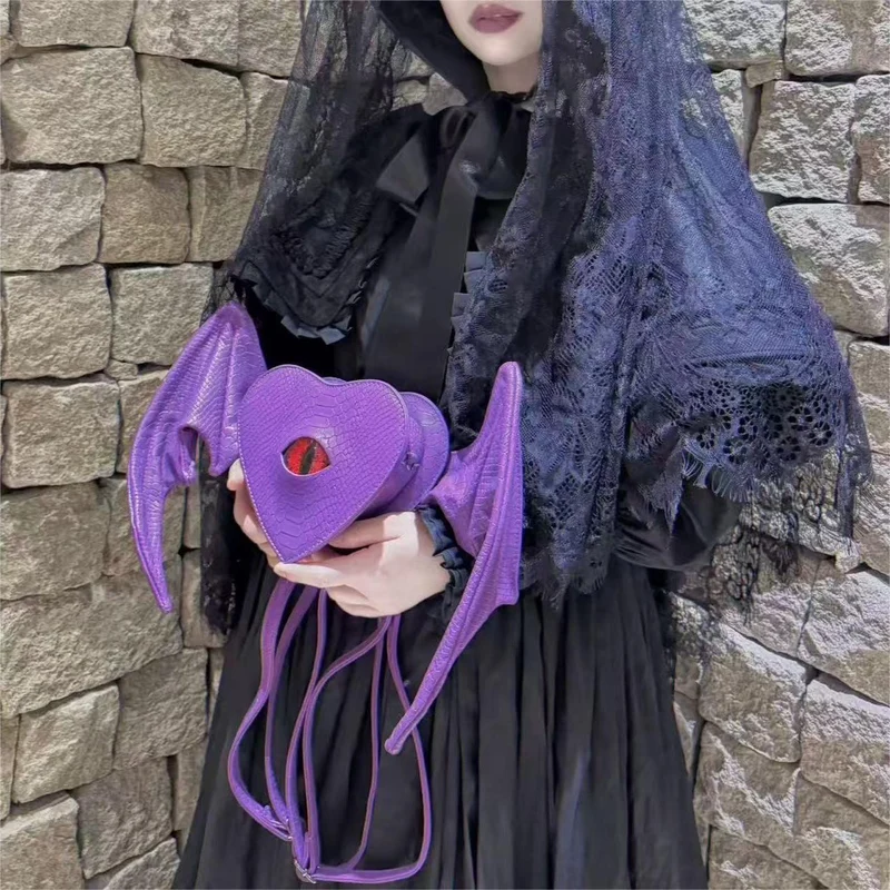 Gothic-Tasche für Damen, Teufelsauge, Fledermausflügel, Herz, Lila