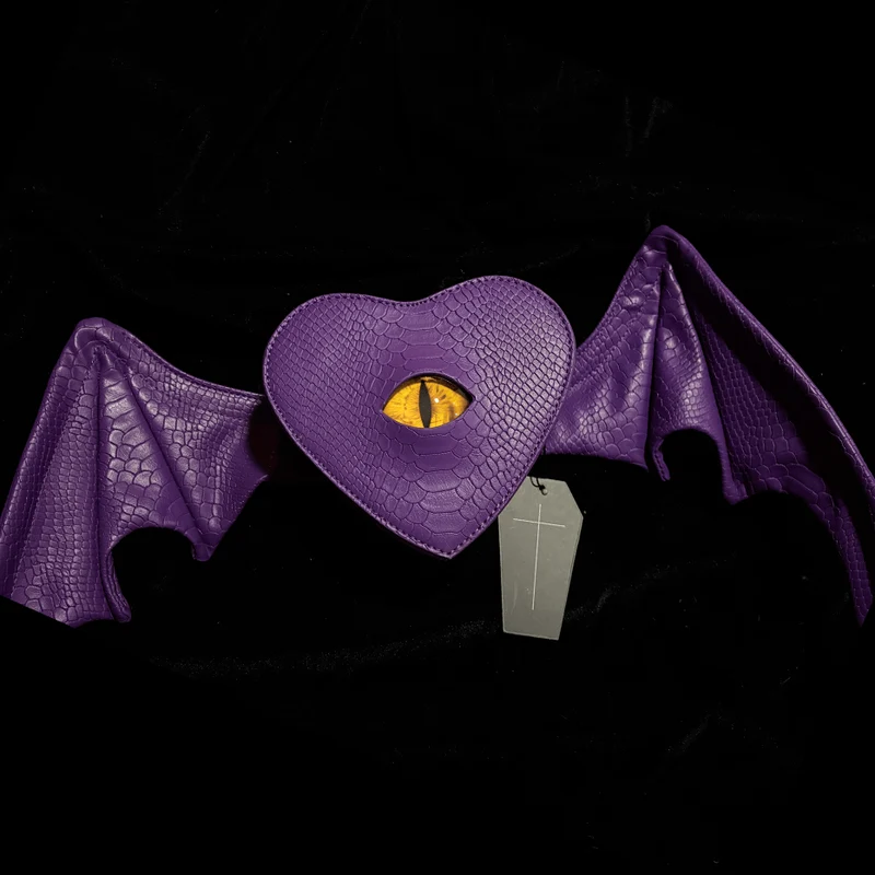 Gothic-Tasche für Damen, Teufelsauge, Fledermausflügel, Herz, Lila