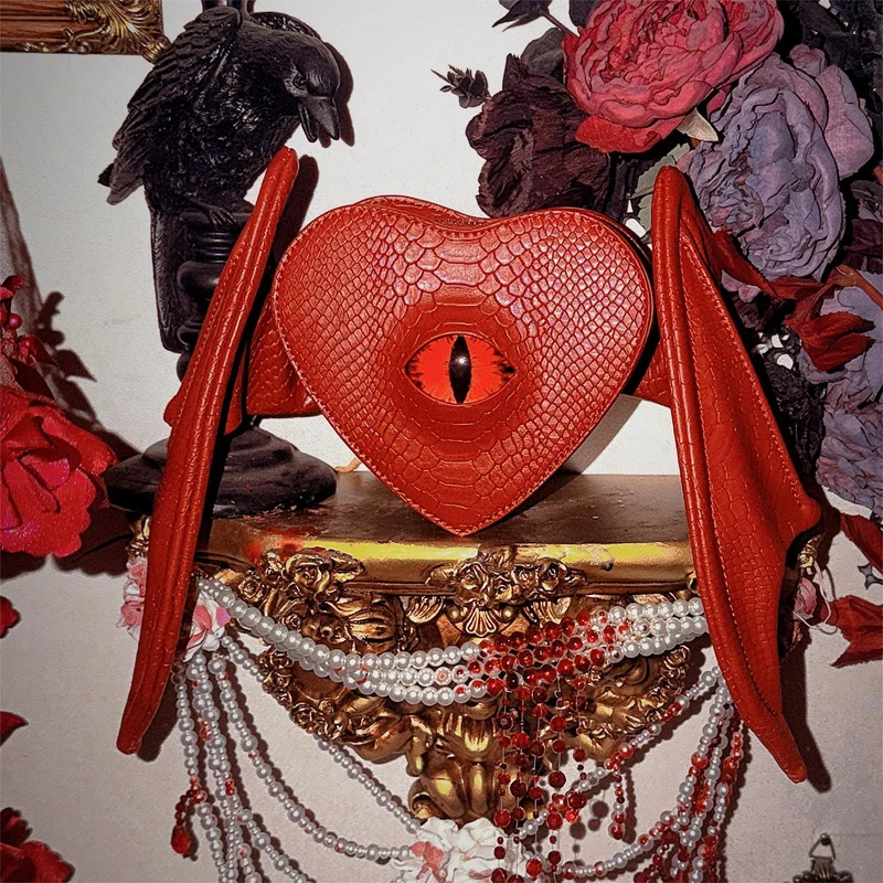 Gothic-Tasche für Damen, Teufelsauge, Fledermausflügel, Herz, Rot