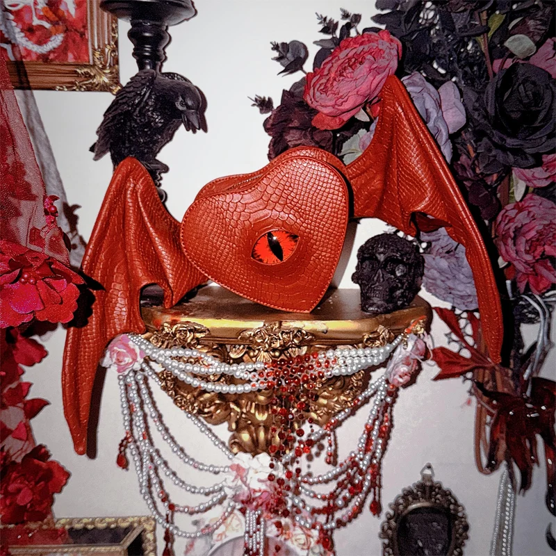 Gothic-Tasche für Damen, Teufelsauge, Fledermausflügel, Herz, Rot
