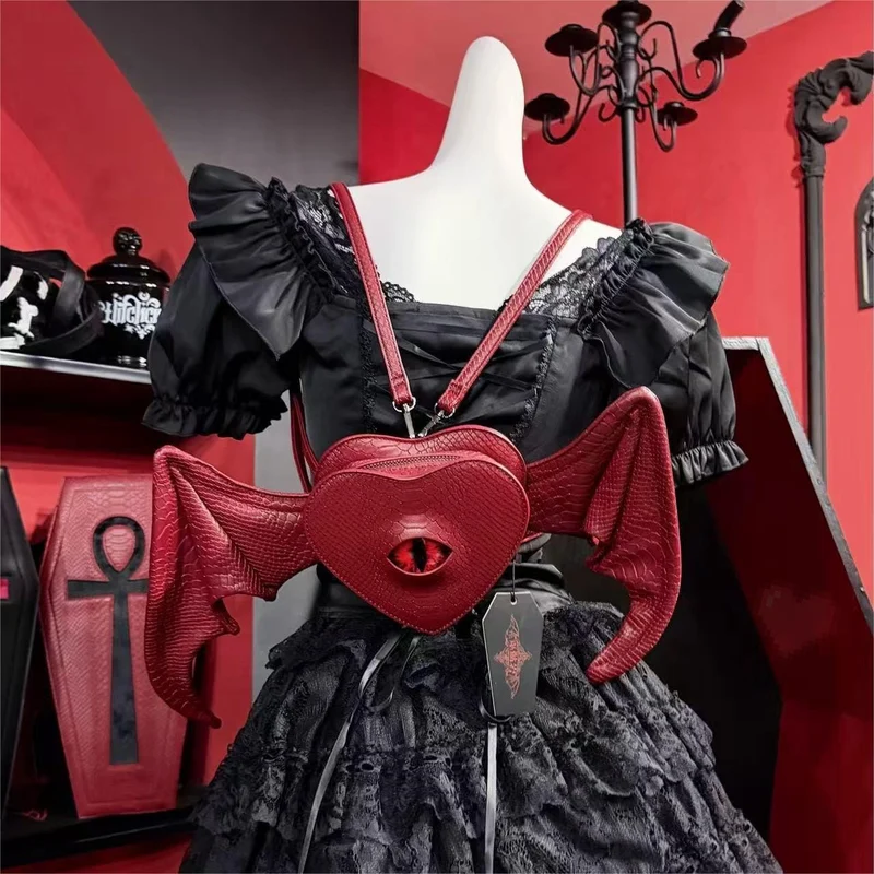 Gothic-Tasche für Damen, Teufelsauge, Fledermausflügel, Herz, Rot
