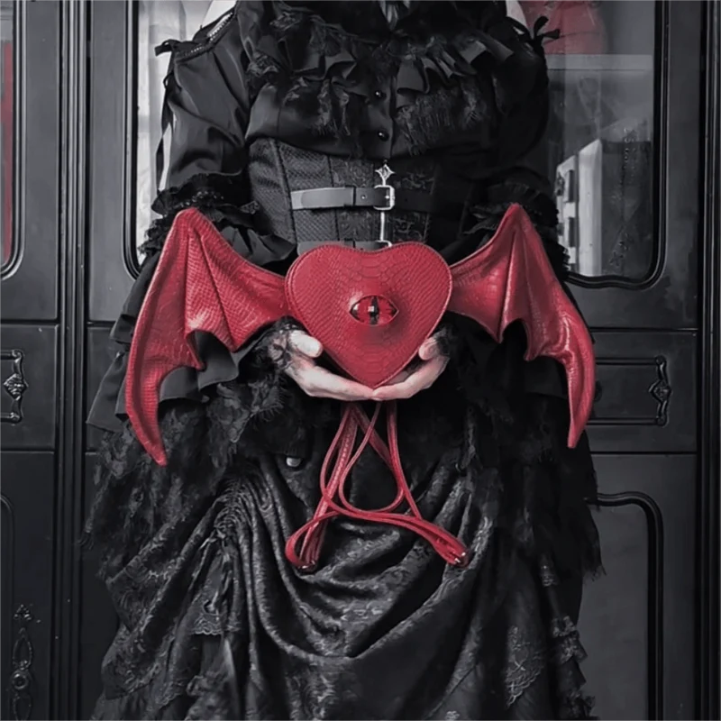 Gothic-Tasche für Damen, Teufelsauge, Fledermausflügel, Herz, Rot