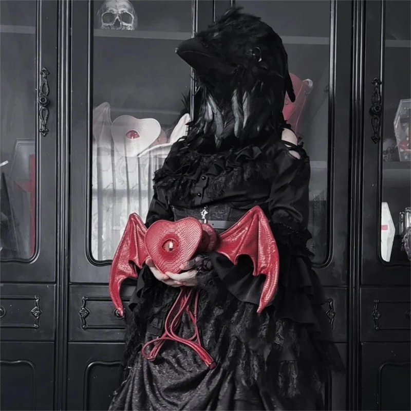 Gothic-Tasche für Damen, Teufelsauge, Fledermausflügel, Herz, Rot