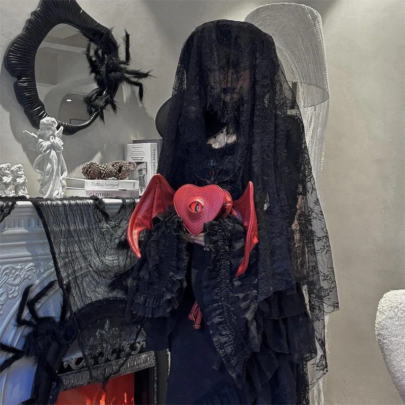 Gothic-Tasche für Damen, Teufelsauge, Fledermausflügel, Herz, Rot