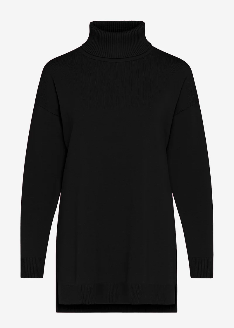 Oversize Rollkragenpullover mit langen Seitenschlitzen - schwarz