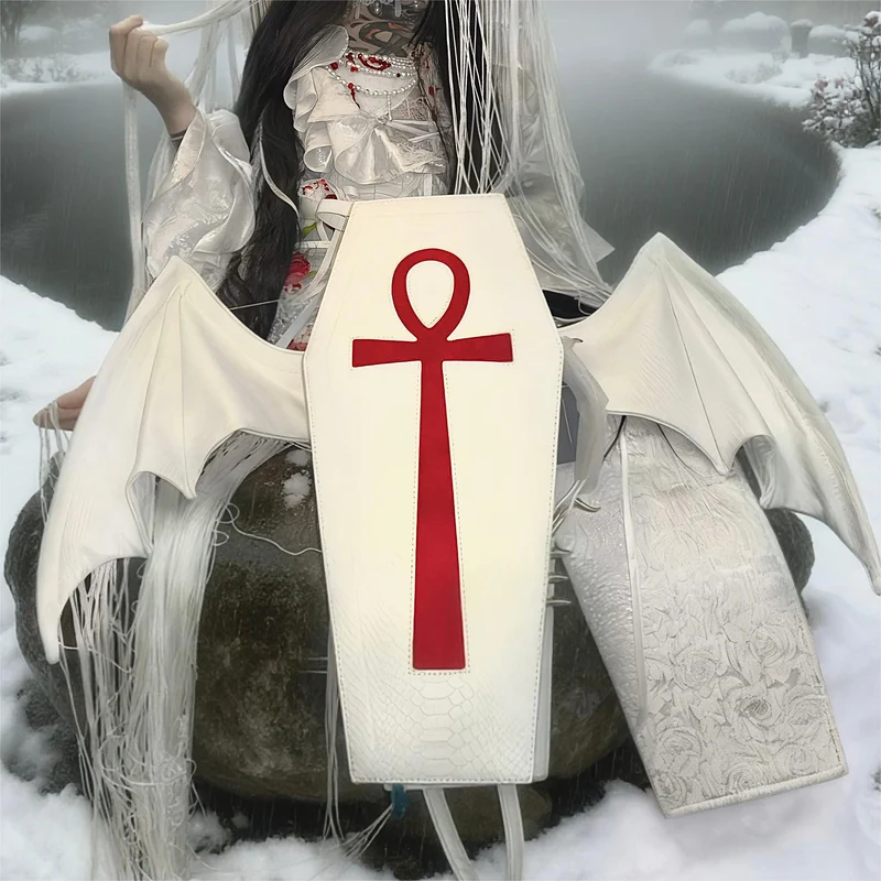 Gothic-Sargtasche für Damen mit Kreuzmotiv, Fledermausflügel-Design, Weiß-Rot