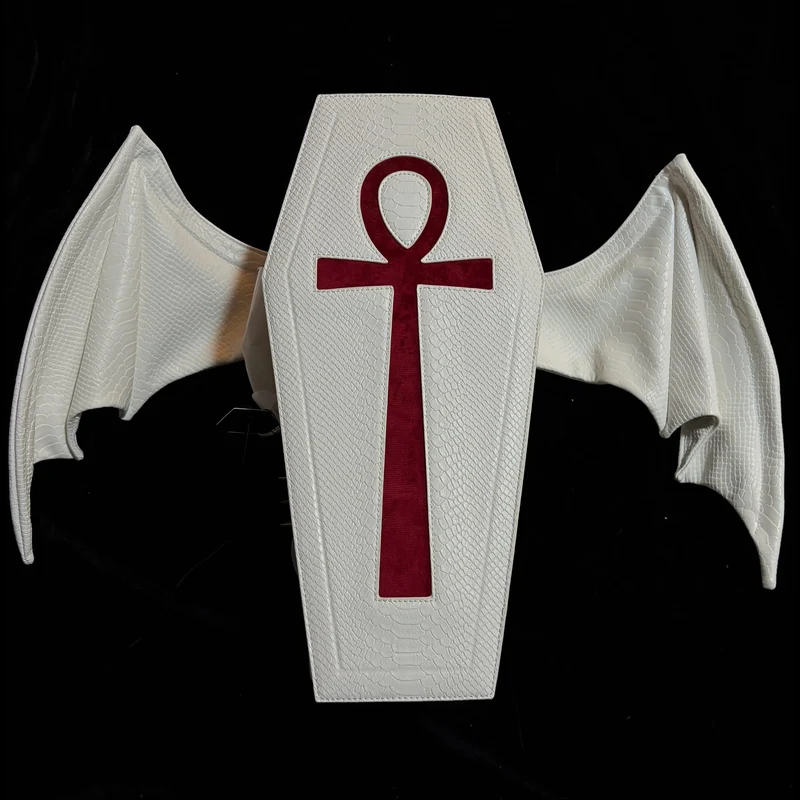 Gothic-Sargtasche für Damen mit Kreuzmotiv, Fledermausflügel-Design, Weiß-Rot