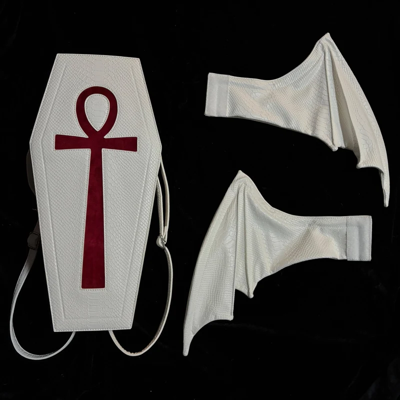 Gothic-Sargtasche für Damen mit Kreuzmotiv, Fledermausflügel-Design, Weiß-Rot