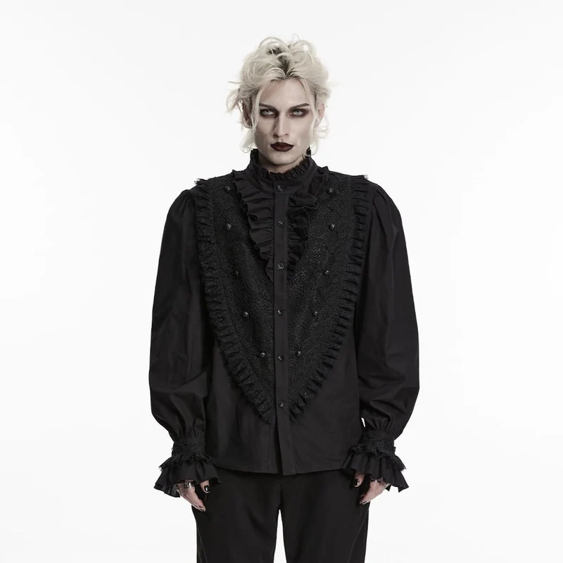 Gothic-Herrenhemd mit Rüschen, Stehkragen und Puffärmeln