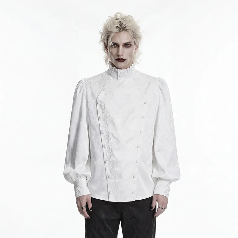 Weißes Herrenhemd im Gothic-Stil mit Stehkragen, Stickerei und abnehmbarer Krawatte