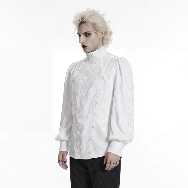 Weißes Herrenhemd im Gothic-Stil mit Stehkragen, Stickerei und abnehmbarer Krawatte