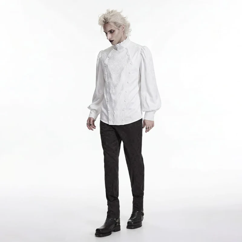 Weißes Herrenhemd im Gothic-Stil mit Stehkragen, Stickerei und abnehmbarer Krawatte