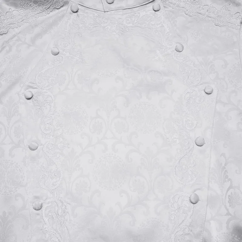 Weißes Herrenhemd im Gothic-Stil mit Stehkragen, Stickerei und abnehmbarer Krawatte