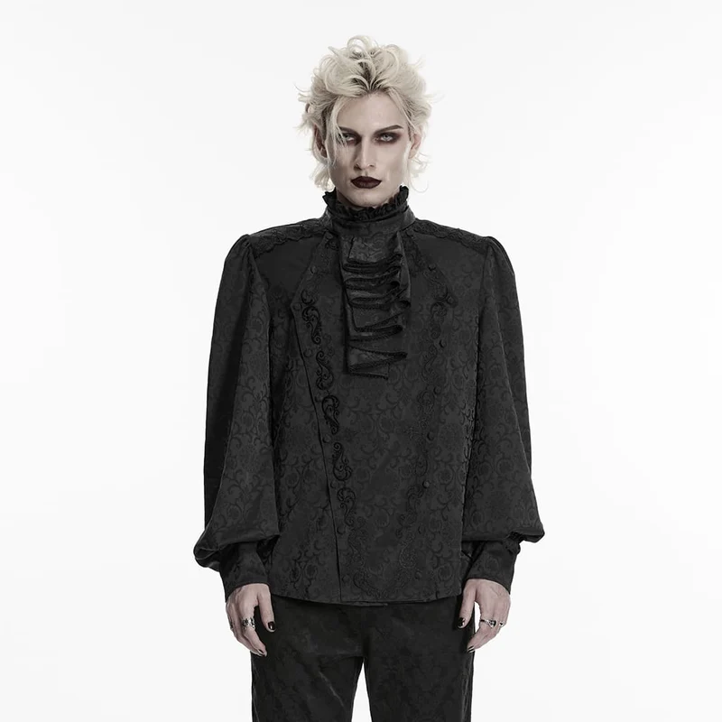 Schwarzes Herrenhemd im Gothic-Stil mit Stehkragen, Stickerei und abnehmbarer Krawatte