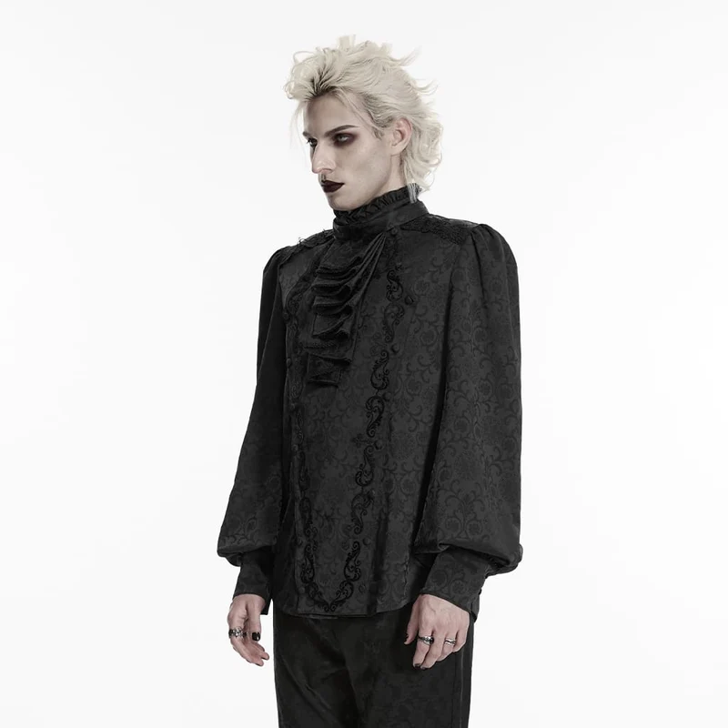 Schwarzes Herrenhemd im Gothic-Stil mit Stehkragen, Stickerei und abnehmbarer Krawatte