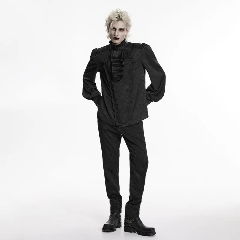 Schwarzes Herrenhemd im Gothic-Stil mit Stehkragen, Stickerei und abnehmbarer Krawatte