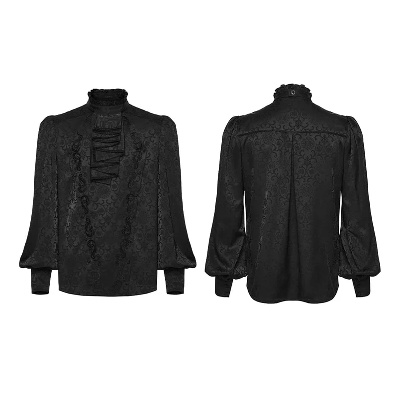 Schwarzes Herrenhemd im Gothic-Stil mit Stehkragen, Stickerei und abnehmbarer Krawatte