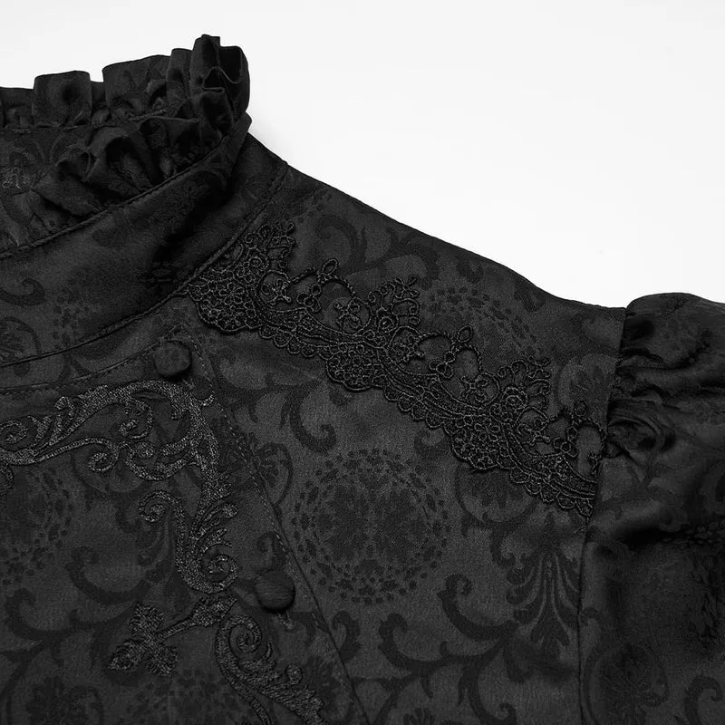 Schwarzes Herrenhemd im Gothic-Stil mit Stehkragen, Stickerei und abnehmbarer Krawatte