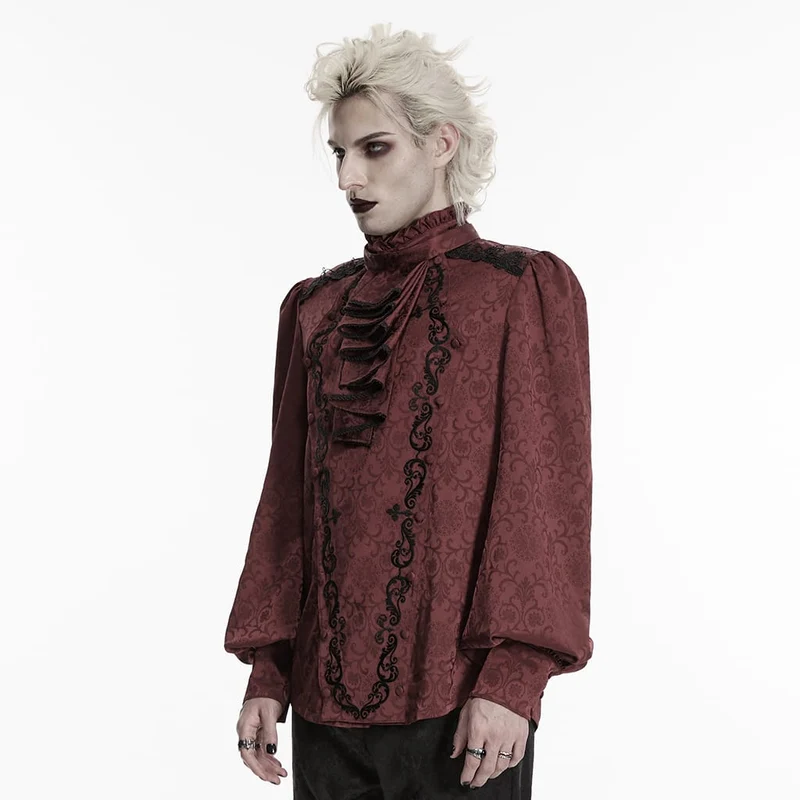 Herrenhemd im Gothic-Stil mit Stehkragen, Stickerei und abnehmbarer Krawatte, rot