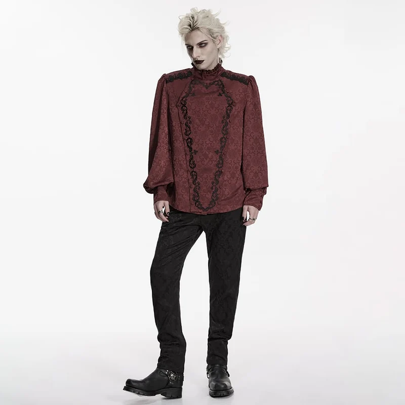 Herrenhemd im Gothic-Stil mit Stehkragen, Stickerei und abnehmbarer Krawatte, rot