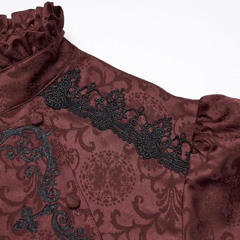 Herrenhemd im Gothic-Stil mit Stehkragen, Stickerei und abnehmbarer Krawatte, rot